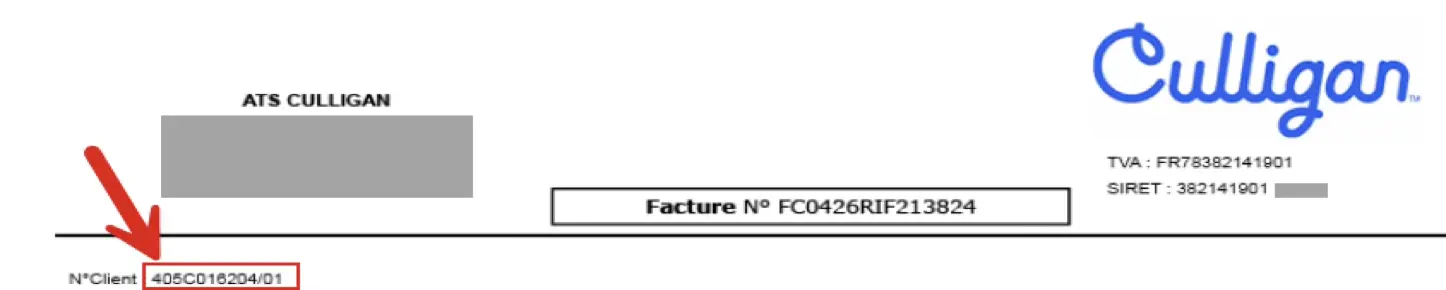 Localisation du numéro client sur une facture Culligan